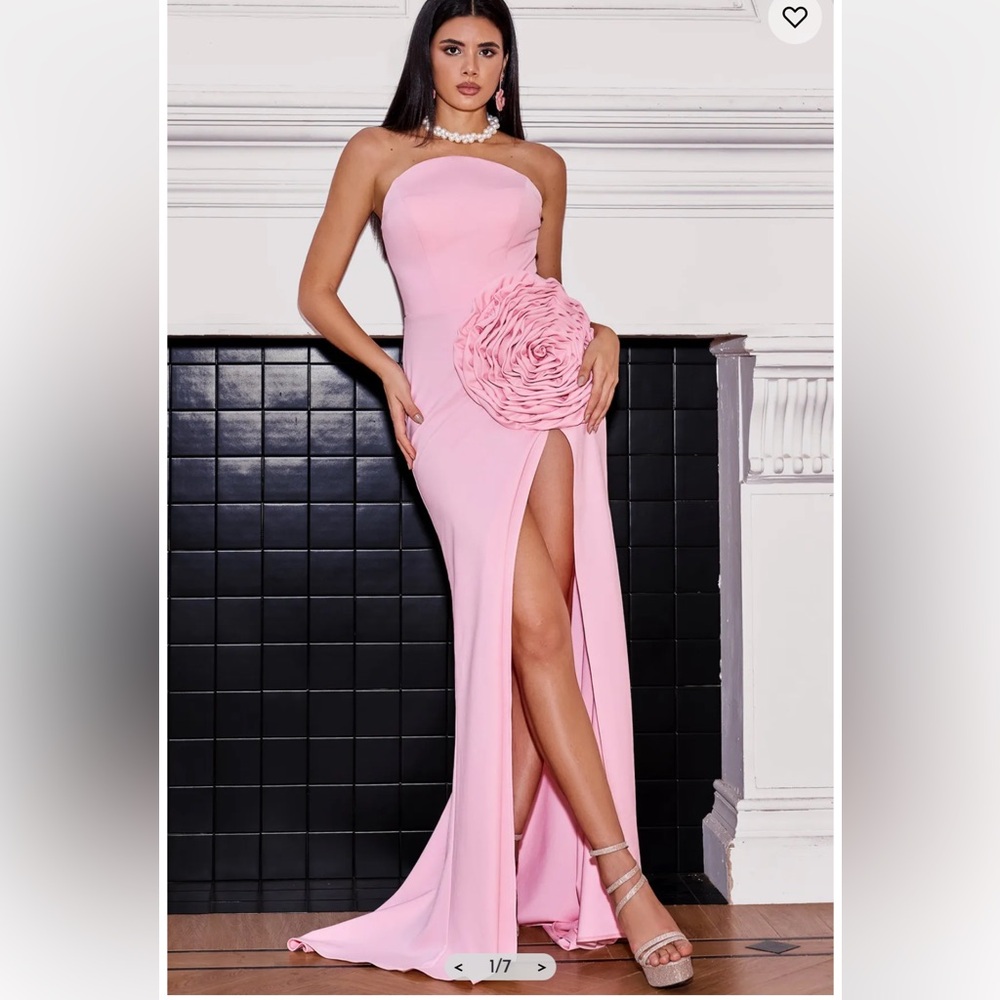 Sefa Open Shoulder Flower High Slit Maxi Dress - Pink -